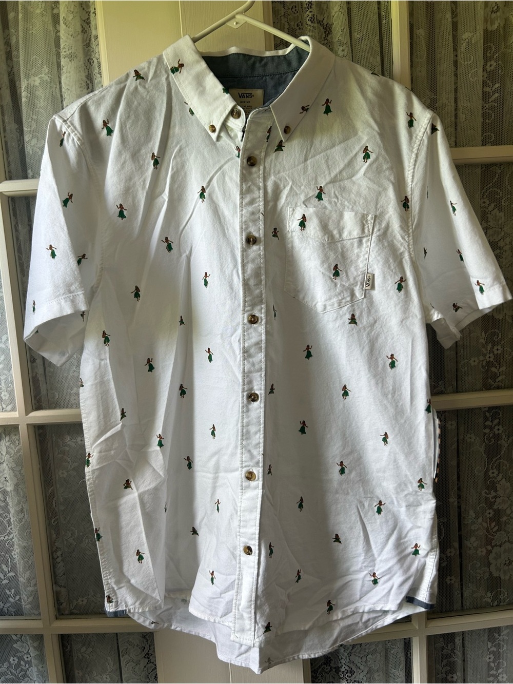 Vans White Short-Sleeve Button-Down Shirt with Hula Girl Print Sz M**NWT